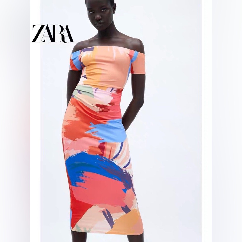 Zara blogger favorite abstract color print bodycon off shoulder dress NWT